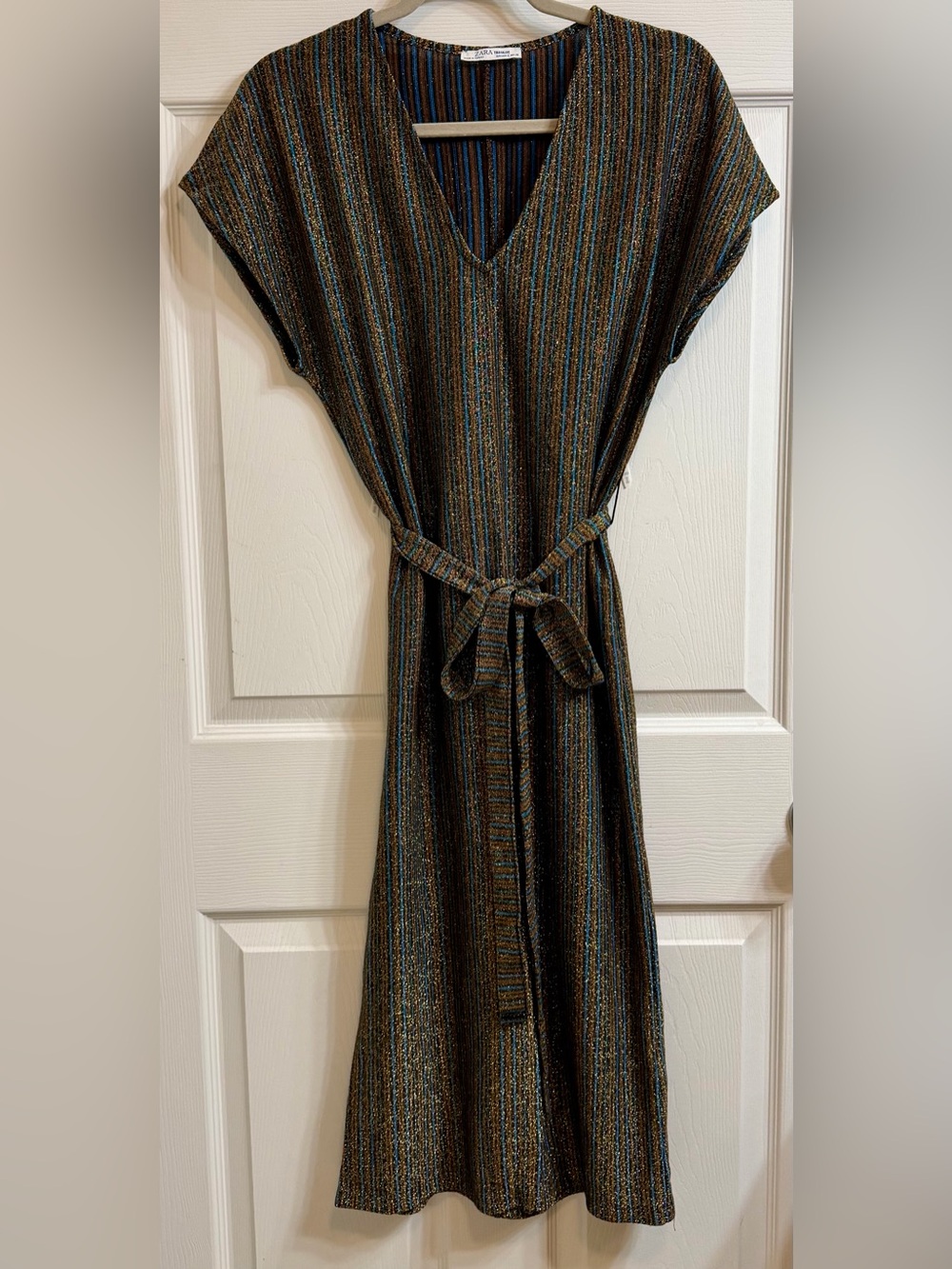 Zara Striped V-Neck Belted Midi Dress - Black, Brown & Teal